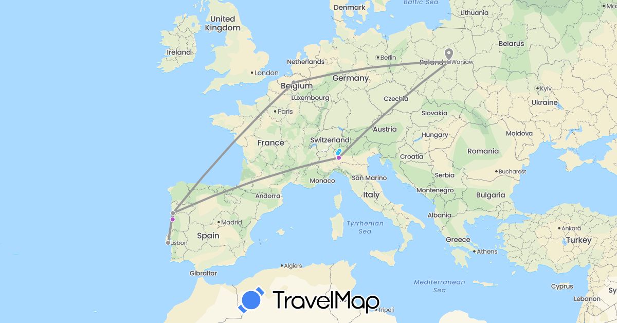 TravelMap itinerary: driving, plane, train, boat in Belgium, Italy, Poland, Portugal (Europe)